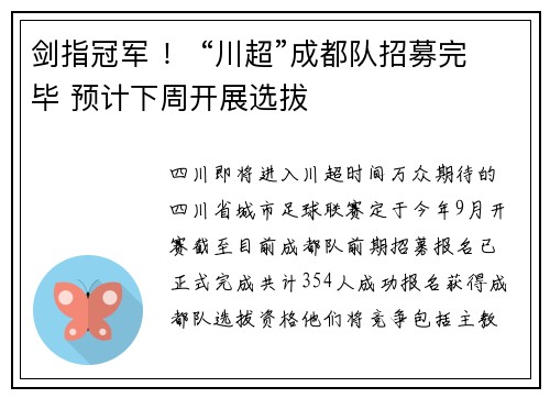 剑指冠军 ！ “川超”成都队招募完毕 预计下周开展选拔