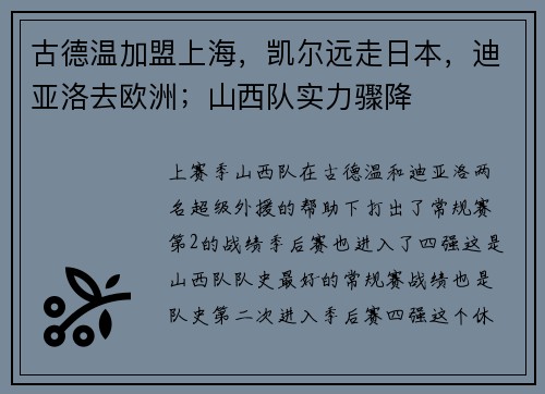 古德温加盟上海,凯尔远走日本,迪亚洛去欧洲;山西队实力骤降 古德温加盟上海,凯尔远走日本,迪亚洛去欧洲;山西队实力骤降
